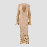 Vestido Maxi de Punto con Lentejuelas Cuello Profundo, Cintura Alta, Manga Larga, Robe de Fiesta Transparente Moda para Mujeres 2025 - details 1