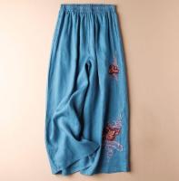 Pantalones bordados de lino y algodón para mujer, pantalones de pierna ancha de talla grande, cintura elástica, ajuste suelto informal, Color sólido, primavera y verano, 3xl, 2xl - details 4