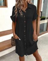 Vestido camisero de manga corta liso Simple de verano para mujer, vestidos holgados informales elegantes con cuello vuelto y una hilera de botones para mujer - details 0