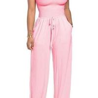 Mono ahumado de color sólido con hombros descubiertos, mono de pierna ancha sin tirantes para mujer con bolsillo - details 15
