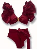 Conjunto de bikini con escote en V y volantes, traje de baño de dos piezas con cintura alta y corte alto en color sólido - details 0