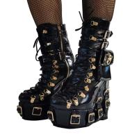 Botas punk de tobillo con plataforma y tacón alto de charol gótico con hebilla y bolsillo con cremallera lateral para mujer - details 0