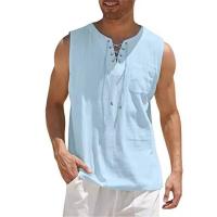 Lino de algodón para hombre, chaleco informal de Color sólido, camisas sin mangas con cordones, camisetas sin mangas con cuello en V, camisa holgada, camisetas ligeras para hombre - details 2