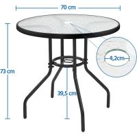 Mesa de jardín redonda de cristal de 70 cm de diámetro, mesa de balcón con orificio para sombrilla, altura 73 cm, negro - details 2