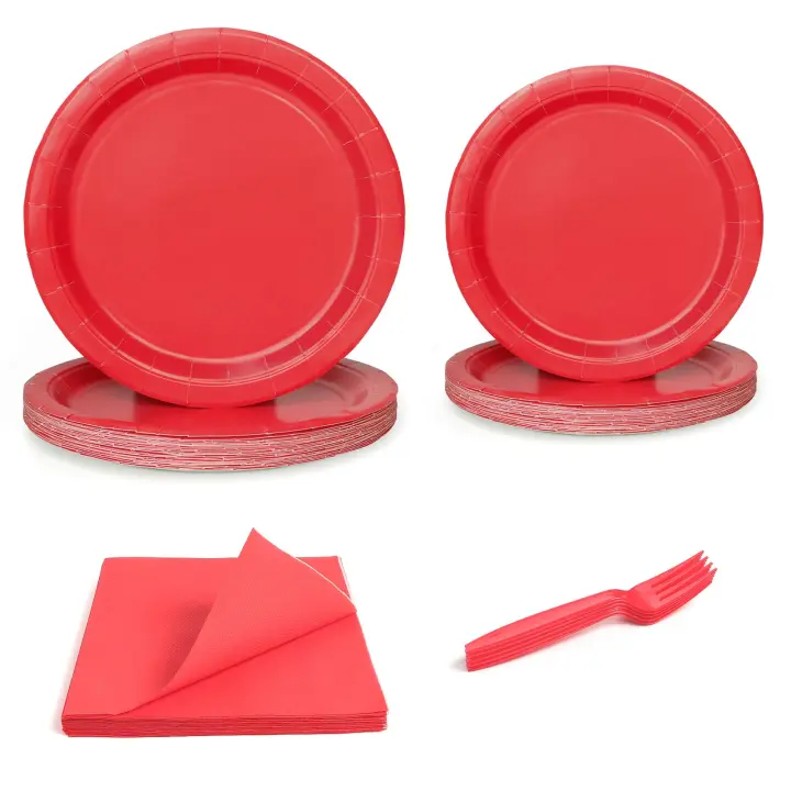 Set de Mesas de Fiesta Desechables 96 Piezas de Platos de Papel Rojo Caliente y Pañuelos - 1