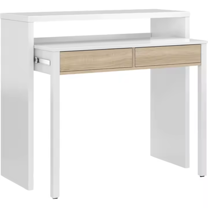 Mesa Escritorio Extensible, Mesa Estudio, Consola, Color Blanco Artik y Roble Canadiense, Medidas: 98,5 cm (Largo) x 36-70 cm (Fondo) x 87,5 cm (Alto) - 1