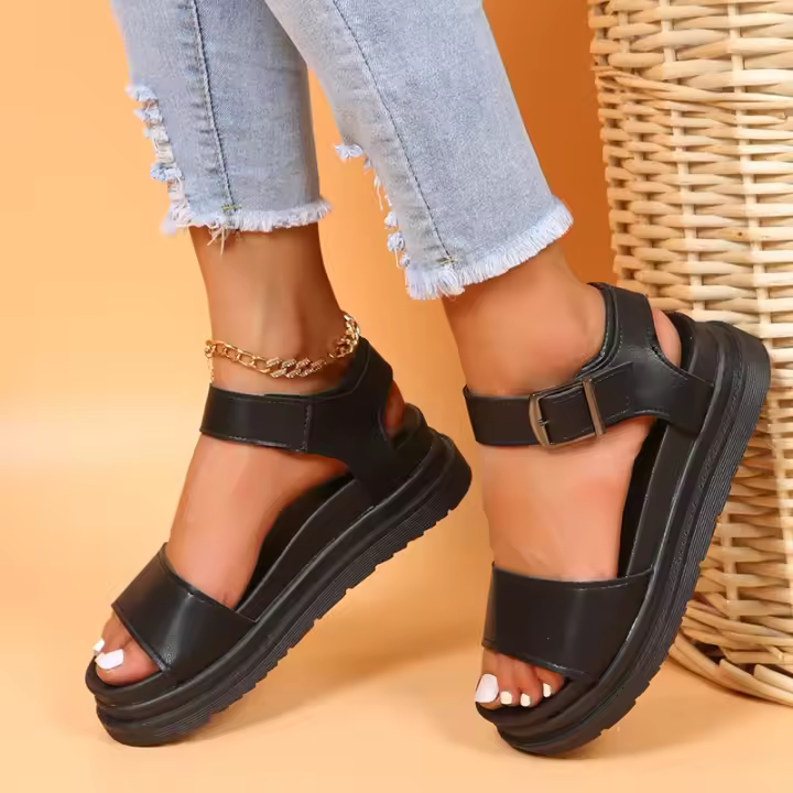 Sandalias de plataforma con correa en el tobillo para mujer, zapatos antideslizantes con punta abierta de Color sólido, zapatos informales para exteriores - 1