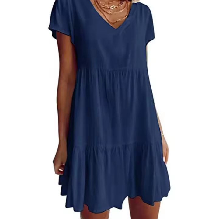 Mini Vestido Sexy de Manga Corta con Cuello en V para Mujer Túnica Swing, Plisado, Color Sólido, con Volantes y Borlas, Corte en A, Informal, Suelto - 1