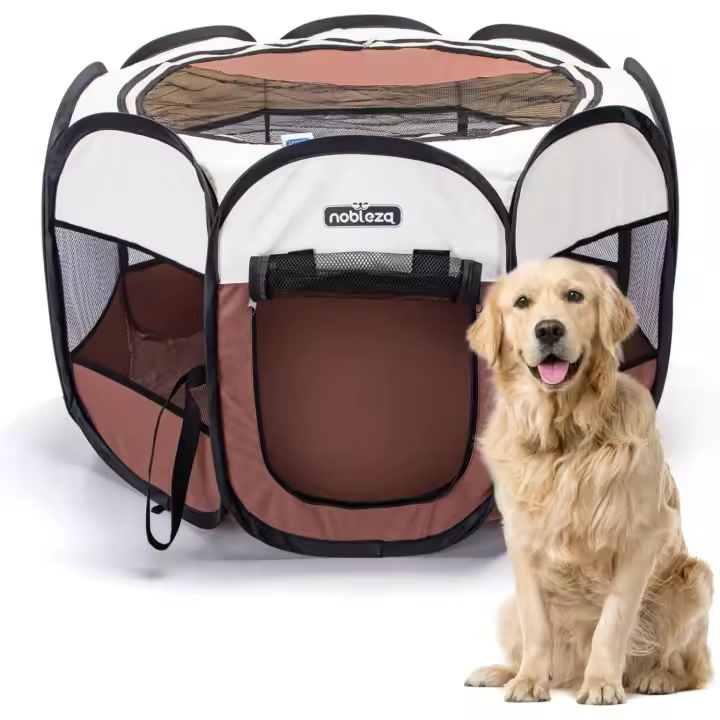 Nobleza - Parque Plegable para Perros, Parque Portátil para Perros, Parque de Juegos Impermeable de Tela Oxford, Jaula Octogonal para Cachorros, Gatos, Perros, Conejos, 125x125x58cm(Marrón) - 1