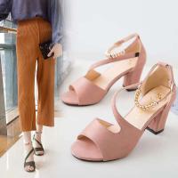 Verano Nueva línea Botón Gamuza Sandalias de tacón grueso Tacones altos romanos - details 4