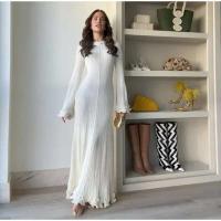 Vestido largo de punto con mangas acampanadas y dobladillo con volantes para mujer, Vestido elegante con espalda descubierta y cuello redondo con cordones, batas de vacaciones para mujer - details 6