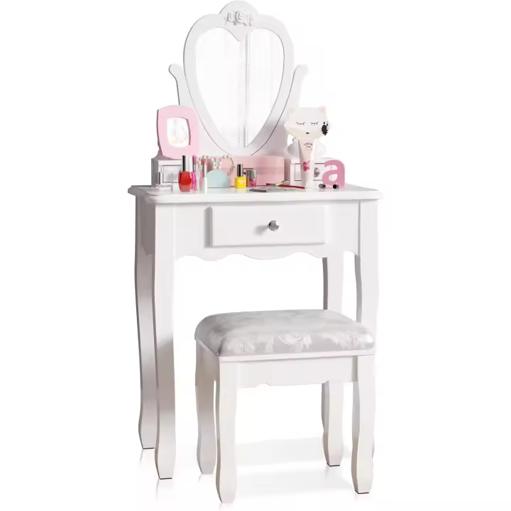 Tocador para niños con espejo y taburete, juego de tocador blanco para niños con espejo de corazón abatible y 3 cajones, escritorio de maquillaje para niñas de 3 a 9 años - 1
