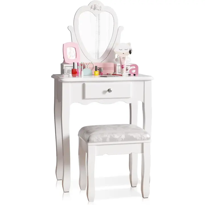 Tocador para niños con espejo y taburete, juego de tocador blanco para niños con espejo de corazón abatible y 3 cajones, escritorio de maquillaje para niñas de 3 a 9 años - 1