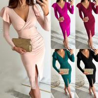 Vestido de manga larga de Color sólido con abertura y cintura cerrada con temperamento y cuello en V de verano 2025 para mujer - details 0