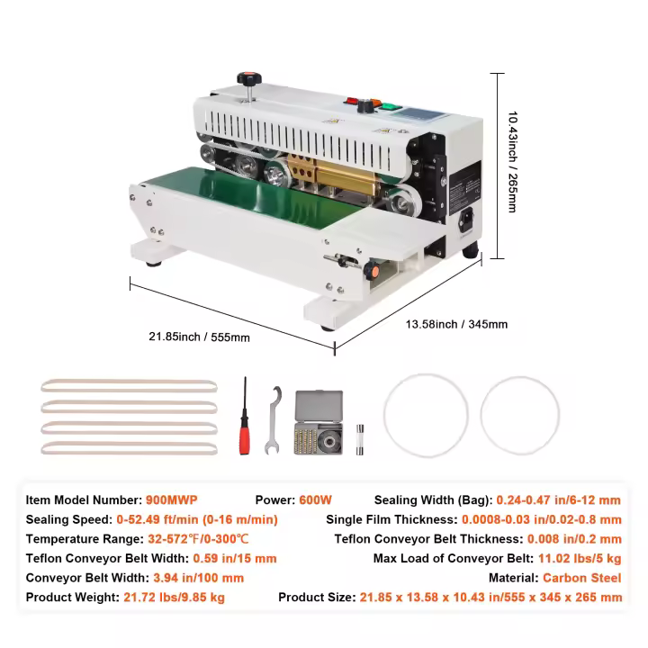 SucceBuy Máquina de sellado continuo de bolsas Sellador de banda horizontal de 0,24-0,47 pulgadas de ancho con control de temperatura digital Acero inoxidable para bolsas de plástico de 0,02-0,8 mm - 1