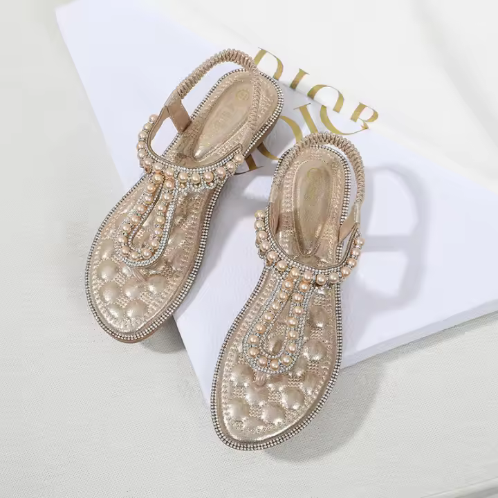2025 Decoraciones de cuentas de perlas hechas a mano para mujer: zapatos de verano usables con tiras elásticas para uso diario y festivo - 1
