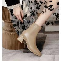 Botas cortas con punta cuadrada y tacón grueso para mujer, color negro, caqui, para oficina, fiesta y boda - details 4