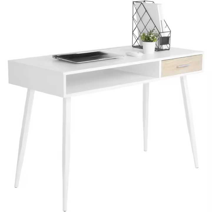 110x50cm, Mesa de Ordenador, Mesa de Oficina, Mesa de Trabajo, con 1 Cajón y 1 Compartimento Abierto, Estructura de Acero, Madera, Blanco - 1