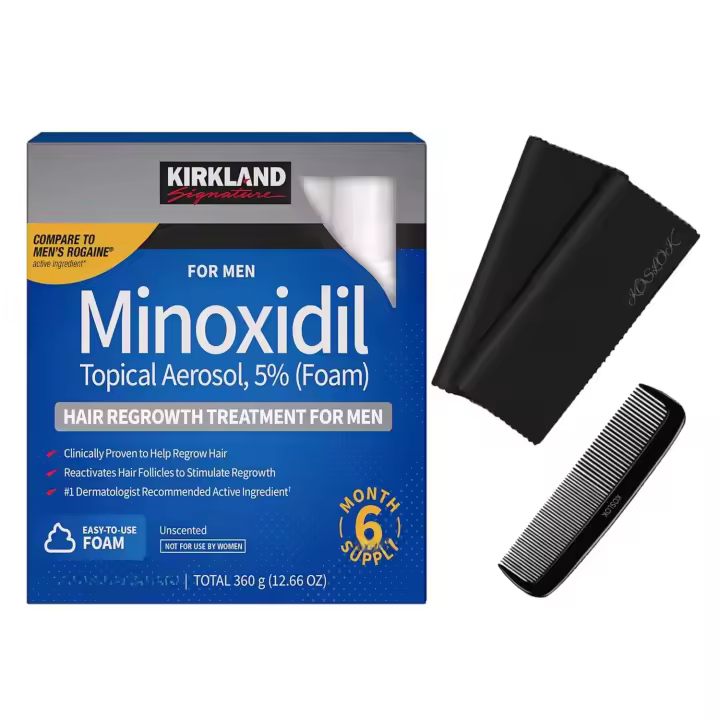 Tratamiento para el crecimiento del cabello Espuma de minoxidil para hombres, 2.11 oz, 6 unidades (suministro de 6 meses) - Exclusivos 2 paños de limpieza de microfibra y peine incluidos, transparente - 1