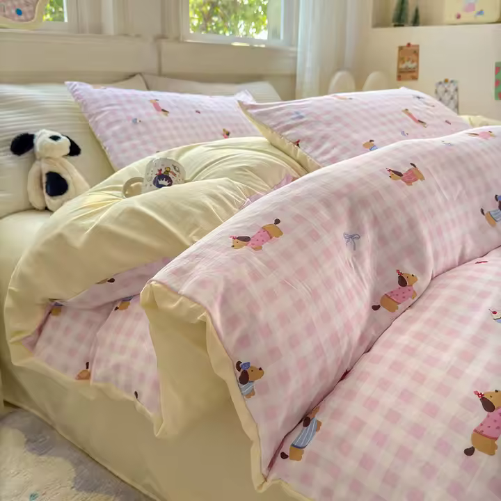 Juego de sábanas de cuatro piezas lavadas para dormitorio estudiantil, juego de tres piezas de algodón puro, funda de edredón para cama completa - 1