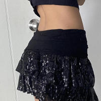 BUNO-falda escalonada de lentejuelas para mujer, falda acampanada de estilo gótico negro Y2K, ropa para discoteca, minifalda elegante Vintage para fiesta de verano - details 4