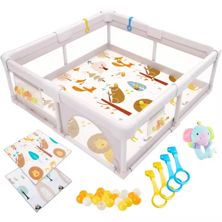 Infantil Bebe 120x120cm + Esterilla Acolchada Reversible + 50 Bolas + 4 Agarraderas + Juguete Sonajero + Bolsa transporte, corralito bebe acolchado, Parque de Juegos Bebe - 1