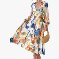 "Vestido Largo Bohemio Mujer 2025- Escote V Estampado Floral, Talle Alto, Mangas Largas, Moda Verano Boho Chic, Vestidos Hippies Elegantes para Festivales, Playa o Diario |   Envío Rápido Miravia" - details 4