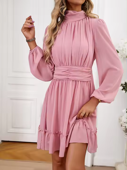 Vestido corto rosa de cintura alta con volantes para mujer, minivestido informal con manga abullonada, cintura anudada, 2024 - 1