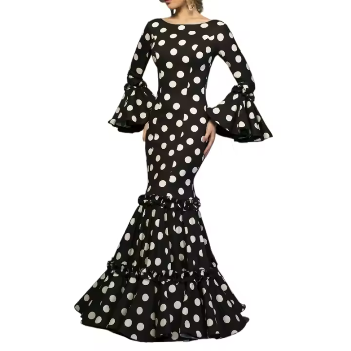 Vestido elegante de mujer con mangas de trompeta y volantes en cascada - 1