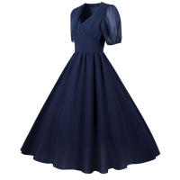 Vestido de fiesta largo vintage elegante de gasa de manga corta con farol liso de verano con cuello en V para mujer - details 18