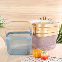 Decorative Wire Mesh Storage Basket with Wooden Handle for Kitchen, Bathroom - White, 24 x 24 x 16 cm - details 1
