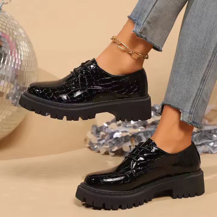Zapatos planos negros de suela gruesa para mujer, mocasines con forma de barco de un pie, cuero Oxford informal de diseñador, novedad - 1
