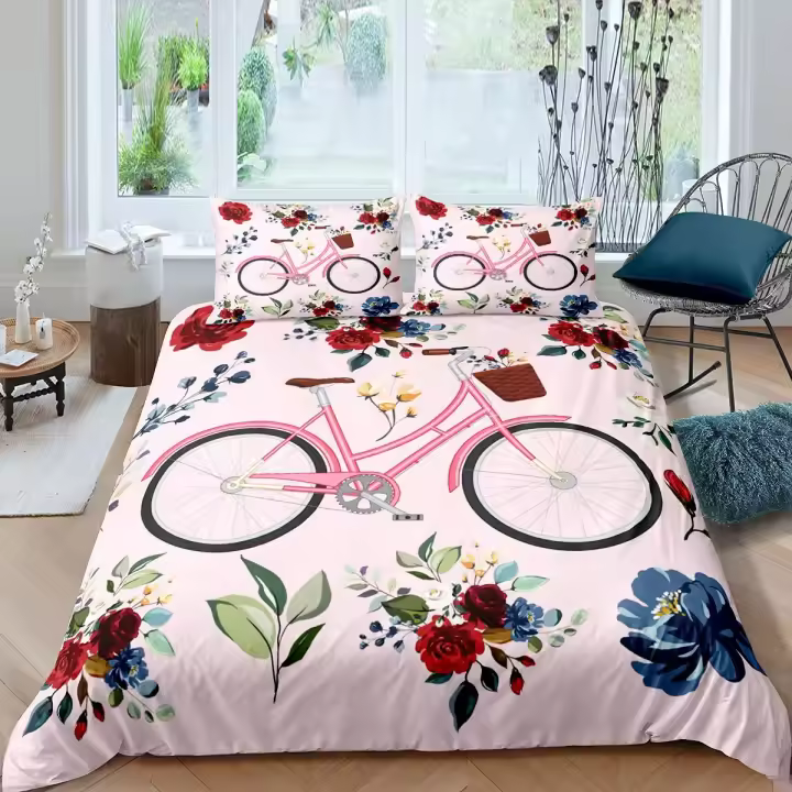 Funda de edredón rosa con diseño de bicicleta para niñas y mujeres, juego de cama de tamaño doble, tamaño King, rosas, flores, funda de edredón con hojas verdes florales - 1