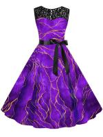 Vestido midi de fiesta elegante de verano con estampado floral, encaje, sin mangas, línea A y cinturón para mujer - details 23
