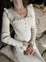 Maxivestidos con volantes de cintura alta para mujer, vestido largo ajustado de punto para otoño e invierno, vestido Vintage para mujer, Retro elegante - details 9