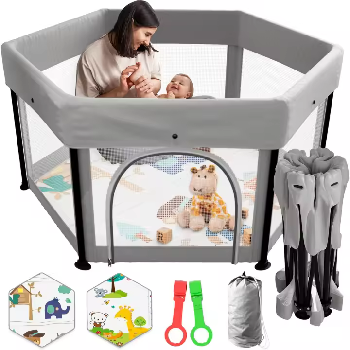 Parque Infantil Bebe Plegable 126x126cm + Alfombra Bebe + 2 Agarraderas – Corralito Bebe con Malla Transpirable sin Montaje – Parque de Juegos Bebe – Cuna Bebe Parque Bebe - 1