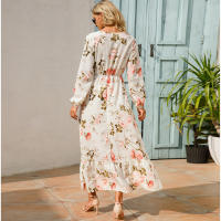 2024 mujeres Maxi vestido Casual de manga larga de cintura alta playa Mujer vestidos de gasa vestidos florales Mujer nuevo - details 3