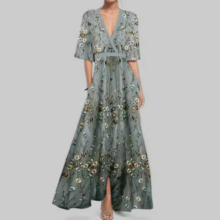 Ohsisa 2025 verano nuevo vestido largo informal estampado de media manga con cuello en V elegante y a la moda para mujer - 1