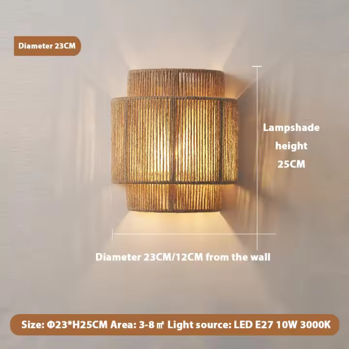 TOMAXIN B&B lámpara de pared retro con ambiente cálido, lámpara de pared de cuerda de cáñamo junto a la cama del pasillo - 1