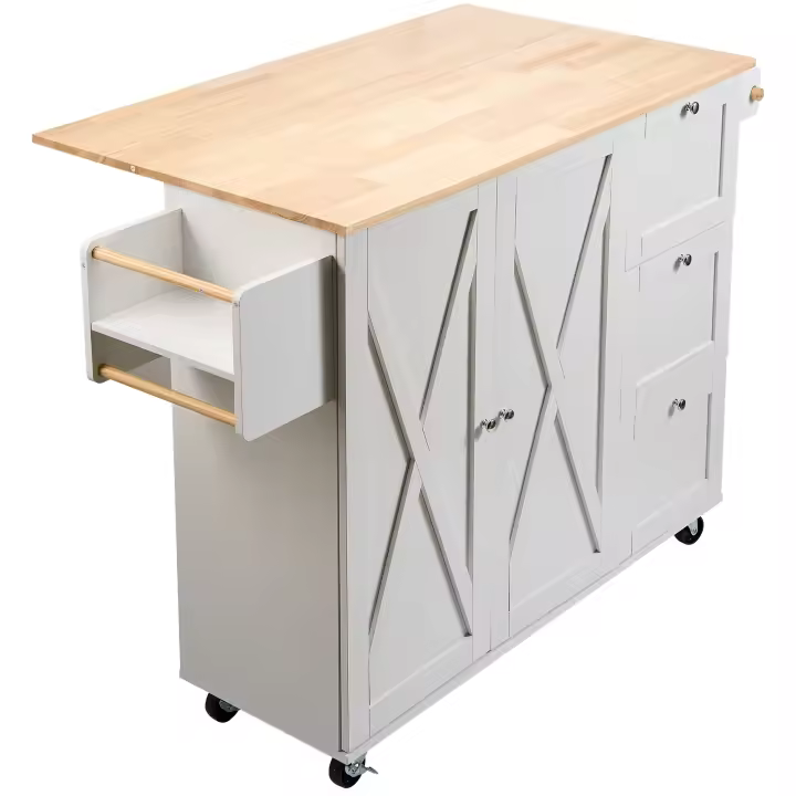 SucceBuy Carro de isla de cocina Gabinete de almacenamiento con ruedas y tapa de madera maciza con estante para especias, toallero, hoja abatible y cajón - 1