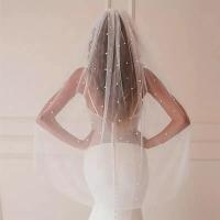 Velos de novia románticos con cuentas de perlas y peine, velo de novia de una capa de tul suave con perlas de imitación - details 3