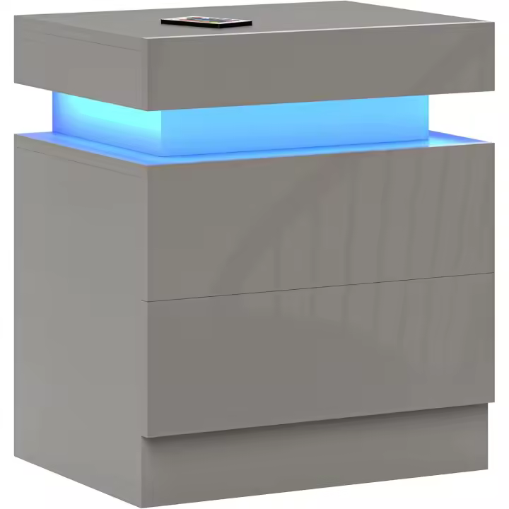 Mesita de Noche con Luces LED Mesilla de Noche con 2 Cajones y Control Remoto Mesa de Noche para Dormitorio Salón 45x35x52 cm Blanco Brillo - 1