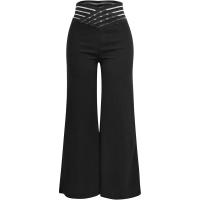 Pantalones Elegantos De Cintura Alta Y Pierna Ancha Para Mujer Casual Oficina Malla Transparente Con Cruces Ropa De Mujer - details 4