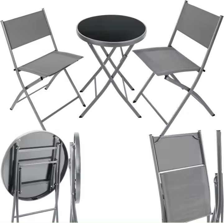 Conjunto Muebles Jardín Exterior 3 Piezas con Estructura de Acero, Mesa y Sillas Terraza Resistentes a Intemperie, Topes en Patas, Tela de Secado Rápido, Asas para Fácil Transporte - Negro - 1