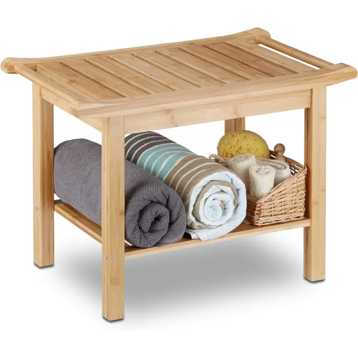 Taburete Baño con Balda, Bambú, Marrón Natural, Naturaleza - 1