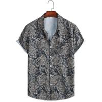 Patrón de plantas informal para hombre, camiseta de manga corta con cuello enrollado no elástico, abotonada, ropa de verano para hombre - details 2