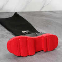 Botas de cuero por encima de la rodilla para mujer, zapatos de tacón grueso de punto rojo, terciopelo cálido, punta redonda, transpirables, talla grande, invierno, 2023 - details 6