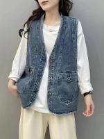 Chaleco de Mezclilla Vintage para Mujeres Masss Wasss 2024 Primavera Sin Mangas Moda Clásica Suelta Casual Cuello en V Cintura con Botones Blanco - details 1