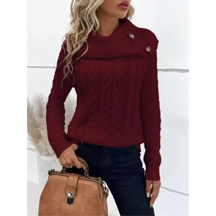 Diseño de nuevo suéter con manga de hombro bordado con botones de cuello alto para otoño e invierno - 1