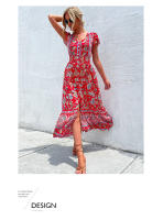 Vestido Boho Floral Vintage Manga Corta, Cuello en V, Vestido de Playa de Verano Bohemio - details 7